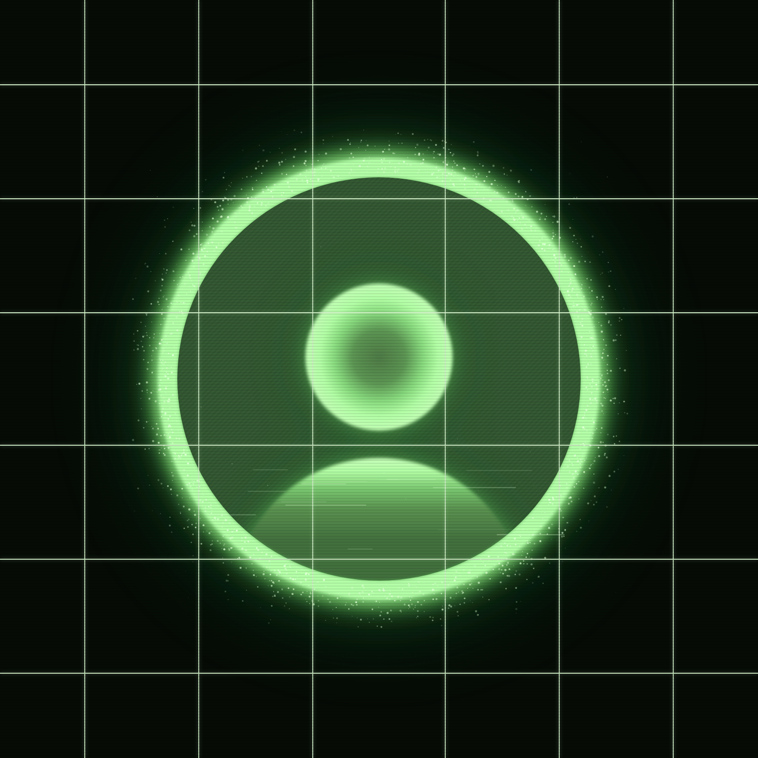 Avatar glyph: a glowing green person icon inside a ring, on a dark CRT grid